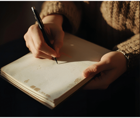 Sometimes the shift begins with a single honest moment. Senior Affiliate Starter Collection Hands writing in a journal, symbolizing reflection, experience, and planning a new direction.